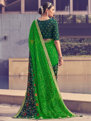 Green Floral Embroidered With Foil Printed Chiffon Half & Half Saree - Image 1