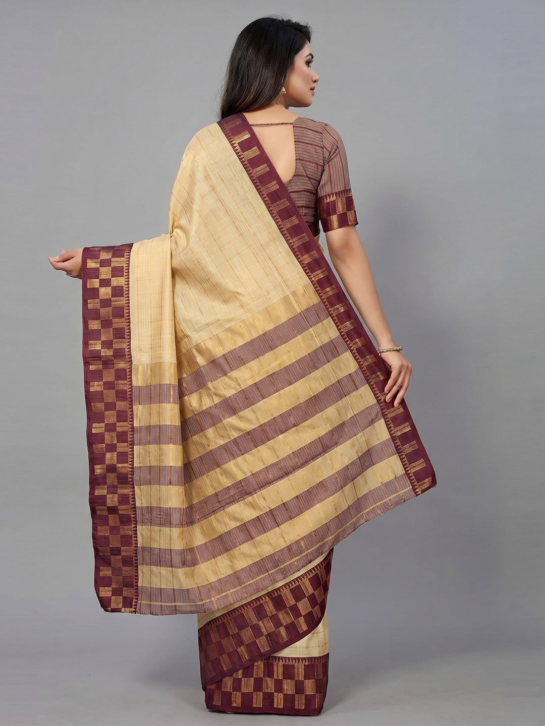 Chikoo Woven Cotton Silk Saree - Image 3