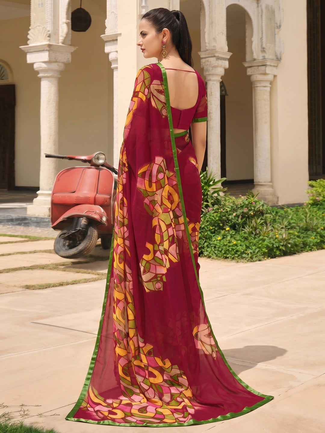 Magenta Pink Printed Georgette Saree - Image 2