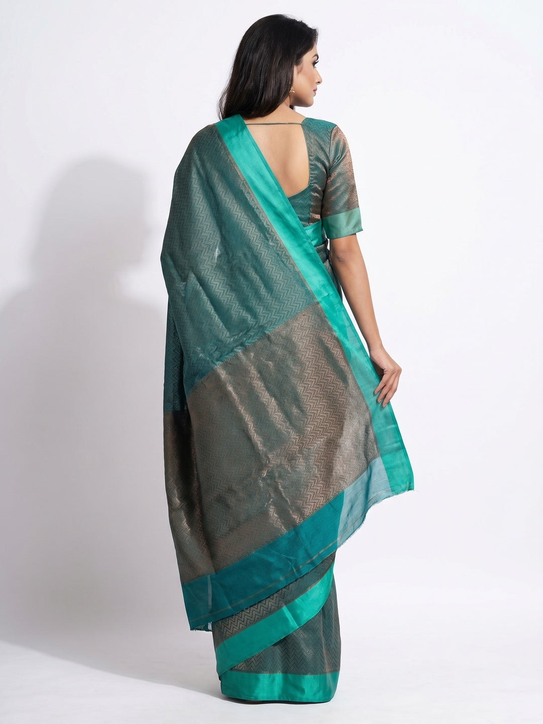 Rama Green Zig Zag Woven Cotton Silk Saree - Image 3