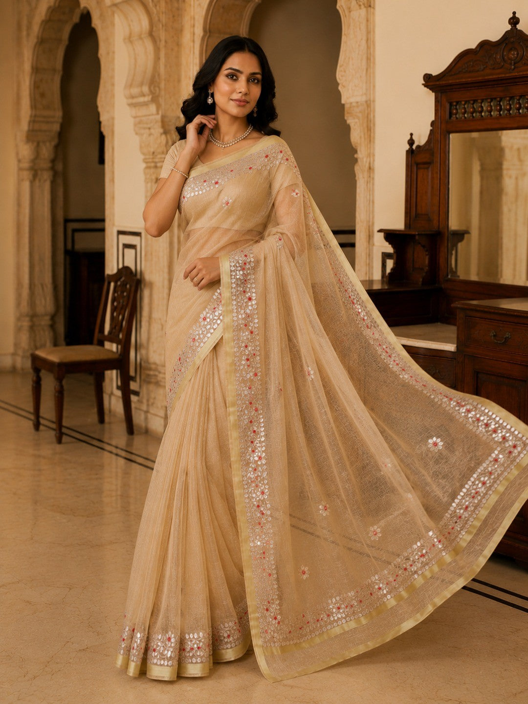 Elegant Cream Kota Doria Saree with Gota Patti & Zari Border - Image 4