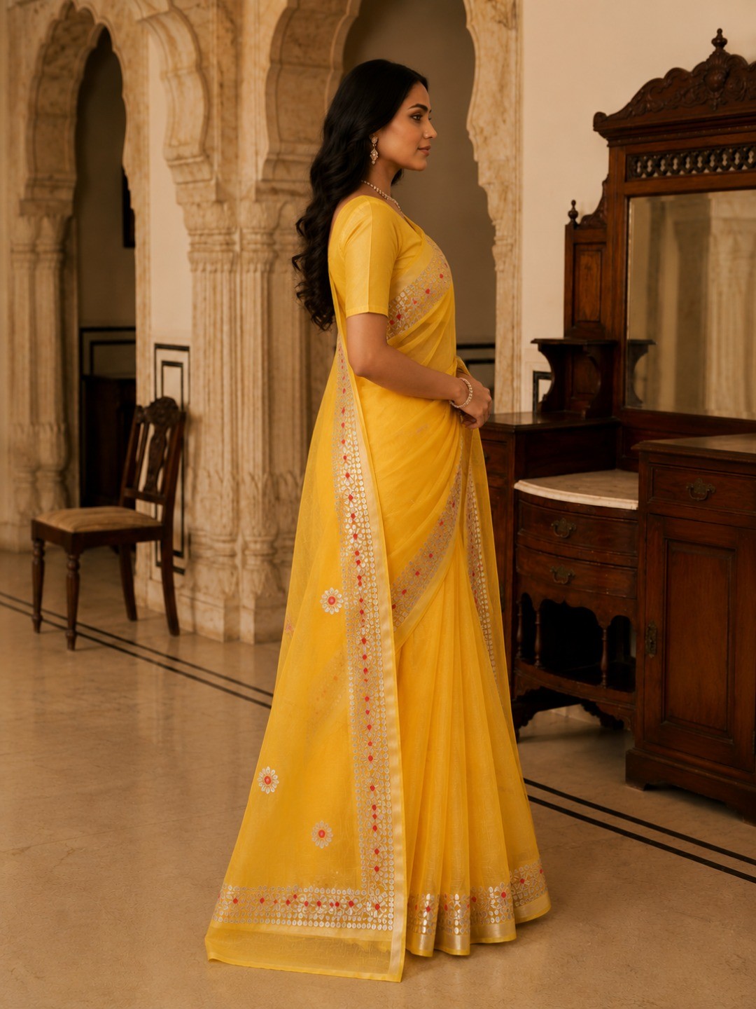 Graceful Yellow Kota Doria Saree with Delicate Floral Gota Patti & Zari Border - Image 3