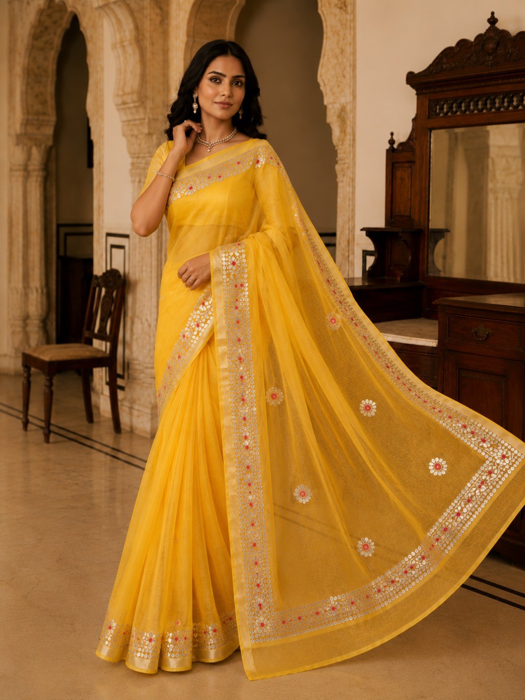 Graceful Yellow Kota Doria Saree with Delicate Floral Gota Patti & Zari Border - Image 4