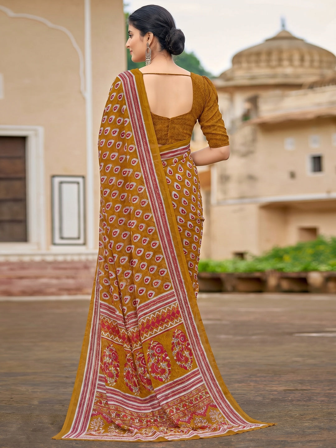 Mustard Printed Georgette Saree - Image 1