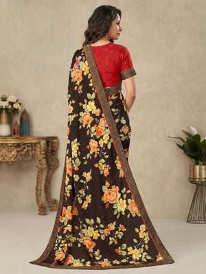 Coffee Brown Floral Printed Crepe Saree - Image 1