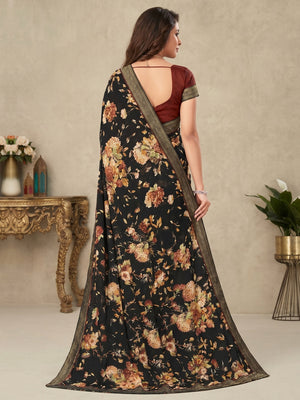 Black Floral Printed Crepe Saree - Image 1