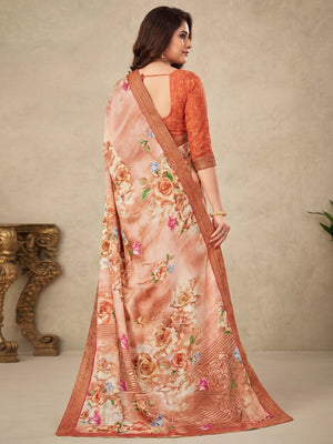 Peach- Brown Floral Printed Art Silk Saree - Image 1