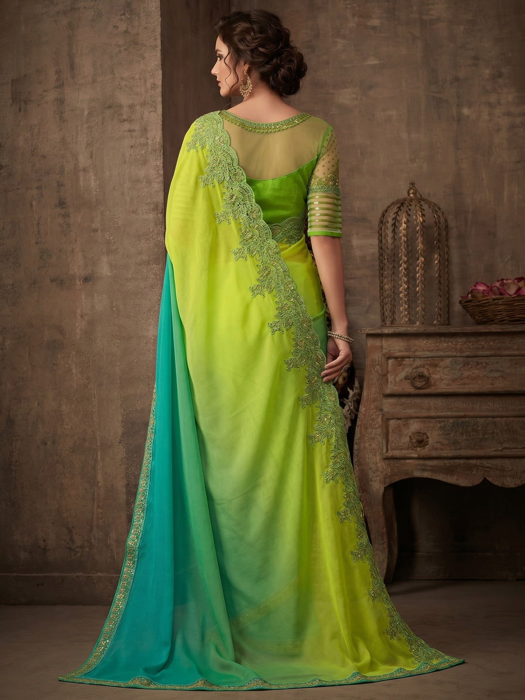 Green & Blue Floral Sequins Embroidered Chiffon Saree - Image 1