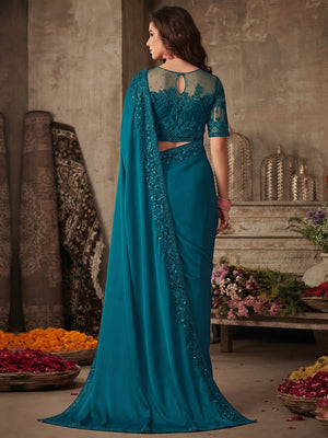 Teal Blue Floral Sequins Embroidered Art SIlk Saree - Image 1