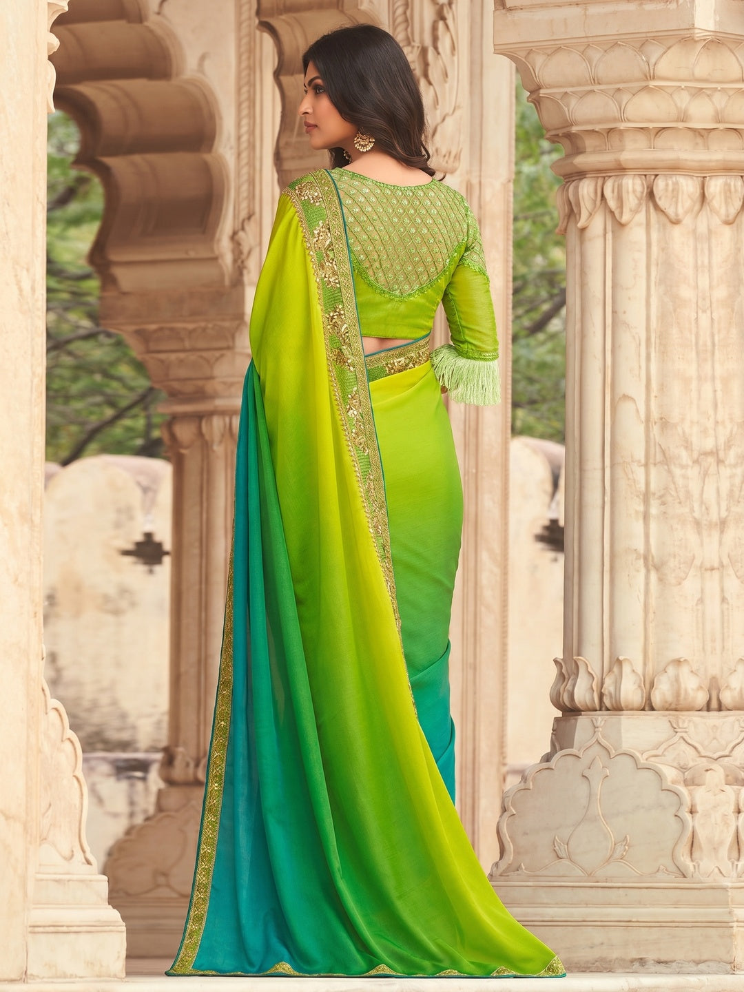 Green And Blue Floral Sequins Embroidered Art SIlk Saree - Image 1