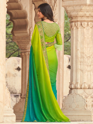 Green And Blue Floral Sequins Embroidered Art SIlk Saree - Image 1