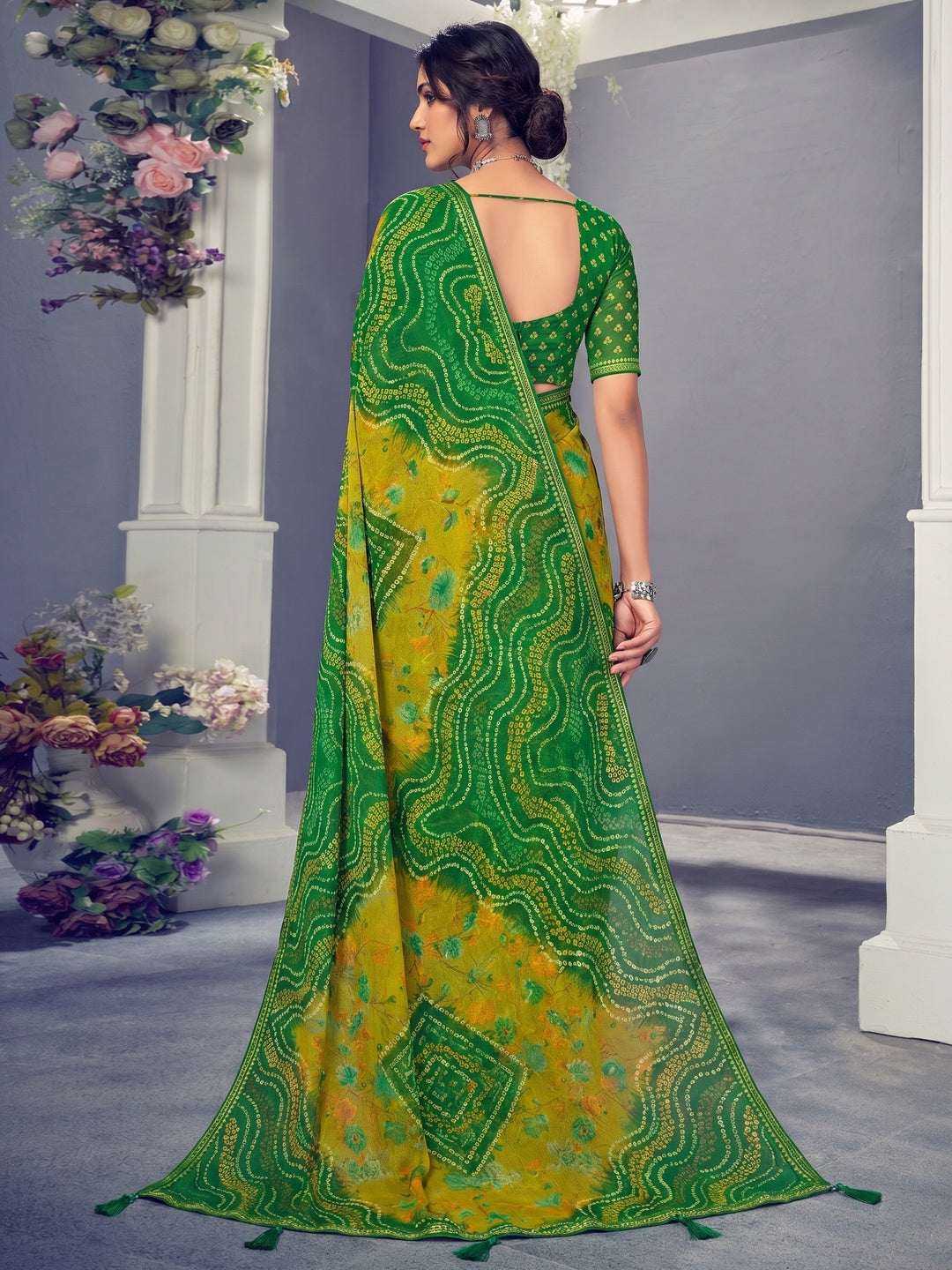 Green & Mustard Bandhani Printed Chiffon Saree With Tassels - Image 1