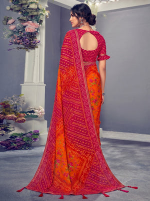 Orange & Rose Pink Bandhani Printed Chiffon Saree With Tassels - Image 1