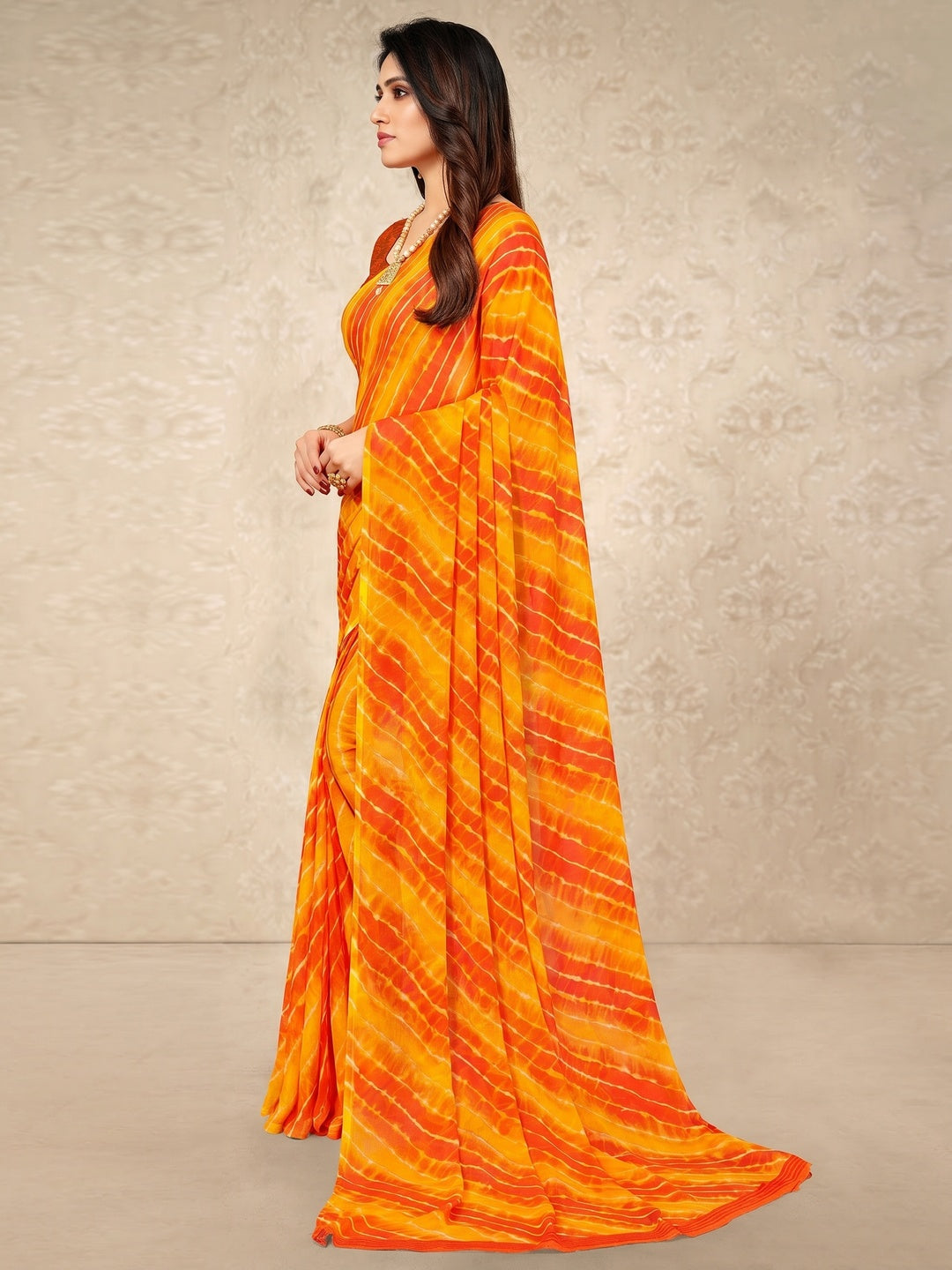 Orange & Mustard Printed Chiffon Saree - Image 1