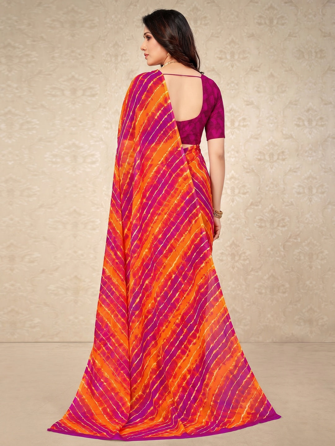 Magenta & Orange Printed Chiffon Saree - Image 1