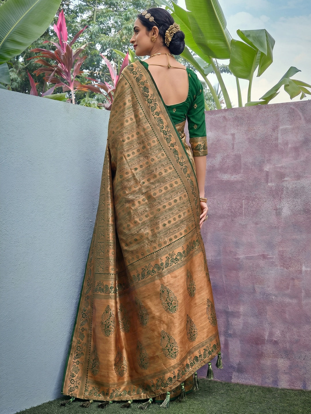 Golden-Green Woven Art Silk Saree With Tassels - Image 1