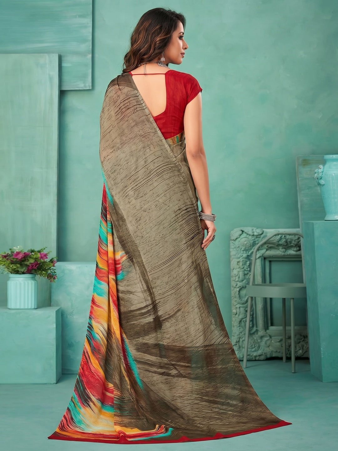 Dark Grey Printed Crepe Saree - Image 1