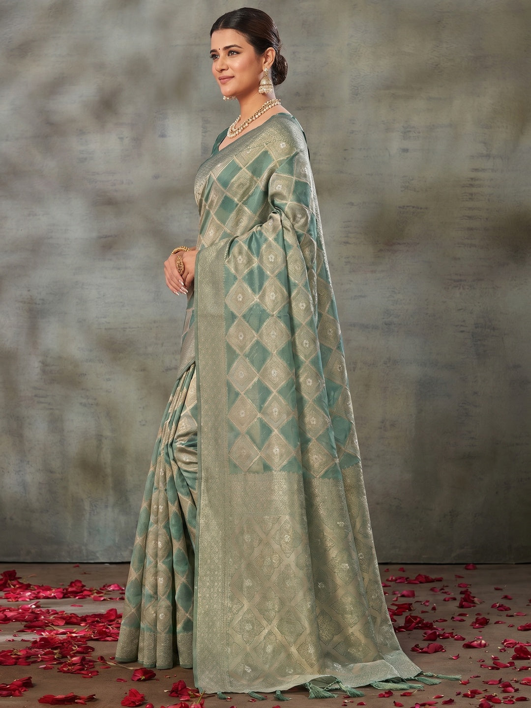 Turquoise Woven Organza Saree With Tassels - Image 2