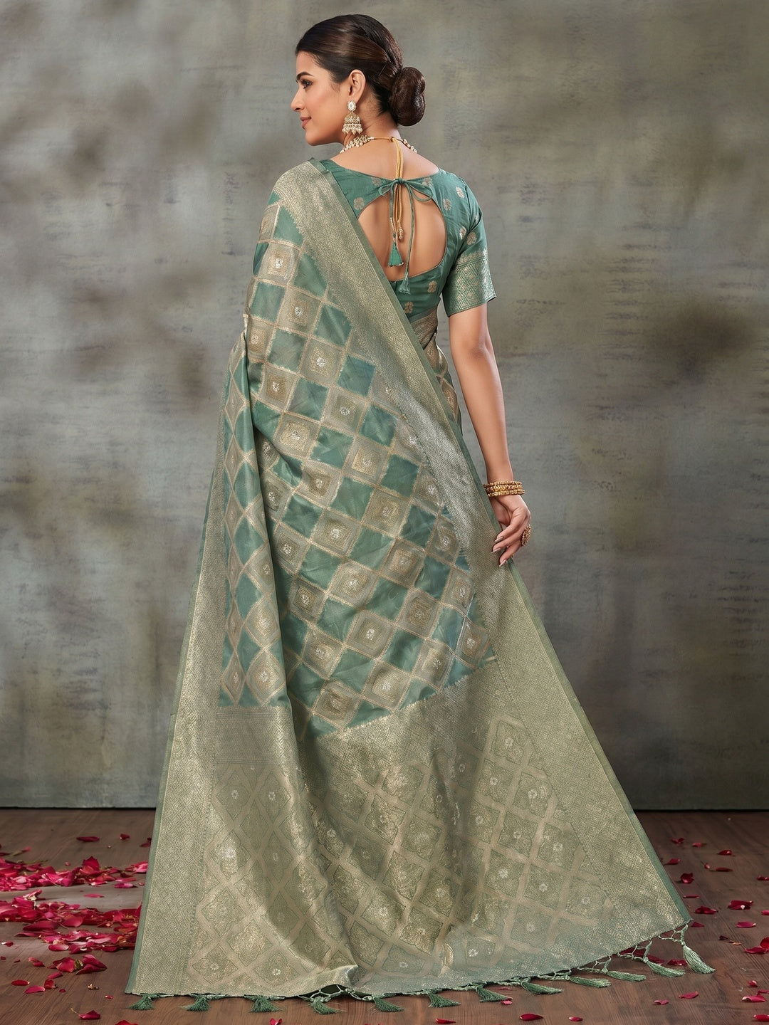 Turquoise Woven Organza Saree With Tassels - Image 3