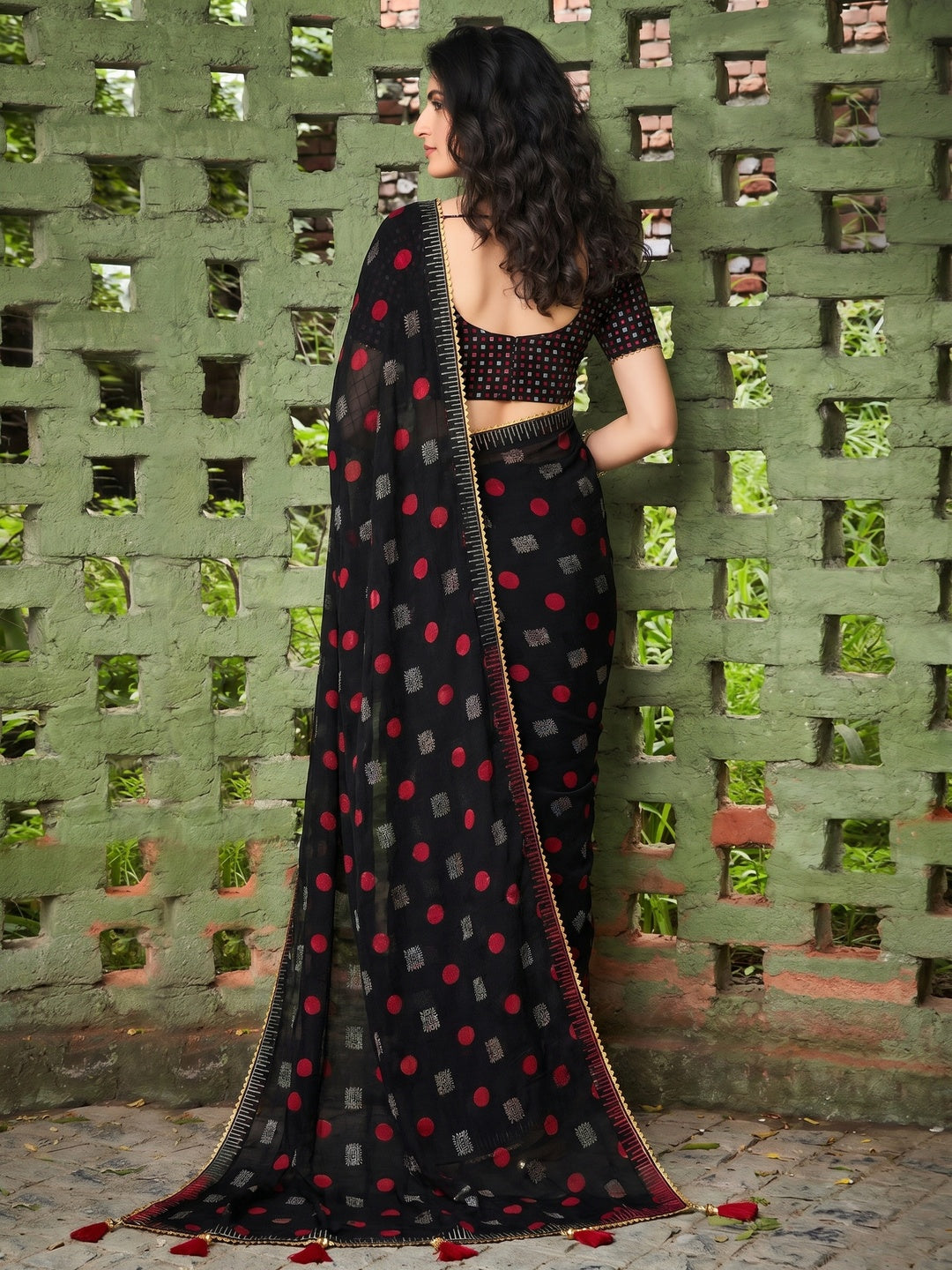 Black Printed With Gota Patti Border Georgette Saree - Image 1