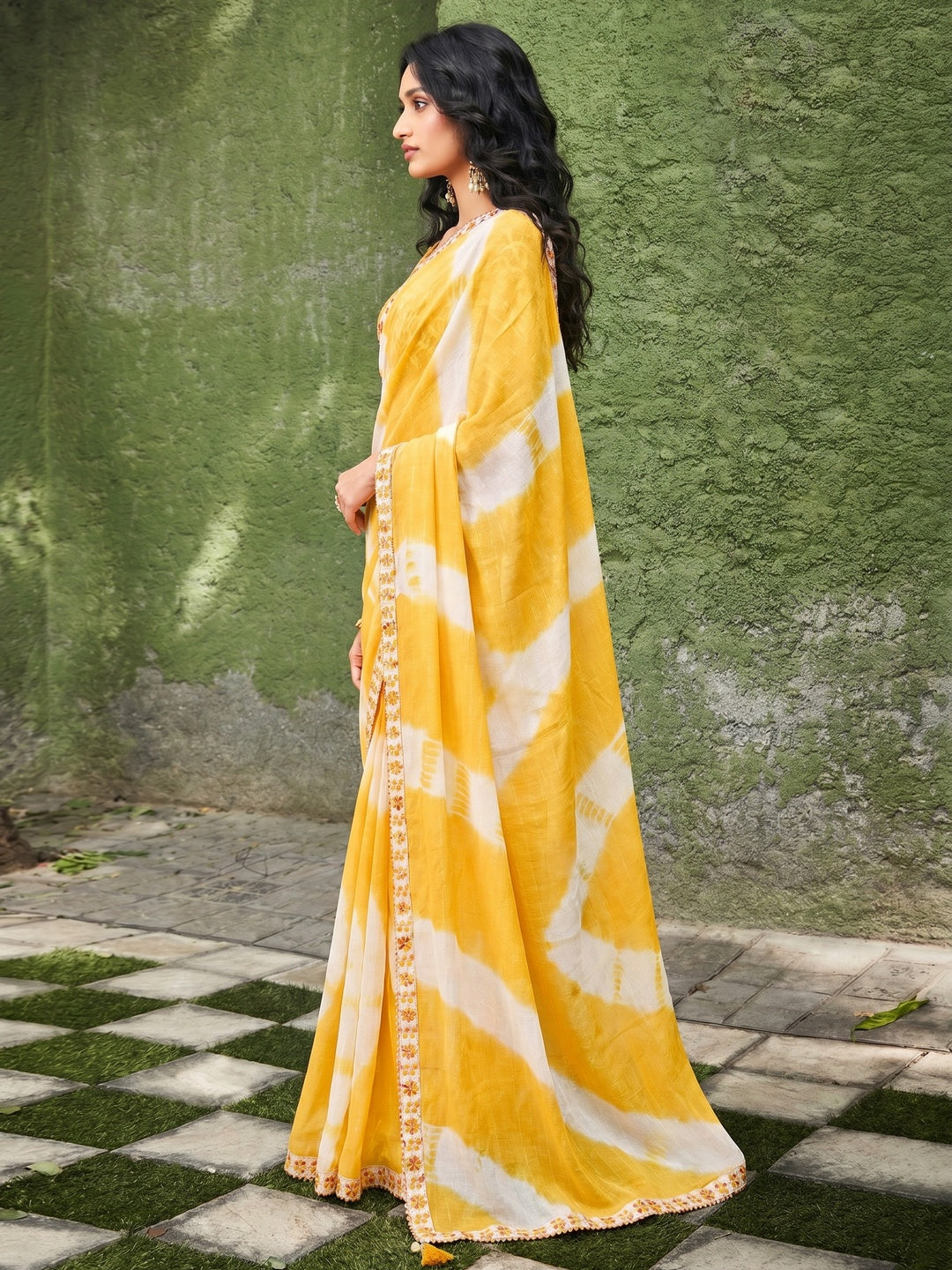 Yellow Printed With Gota Patti Border Georgette Saree - Image 1