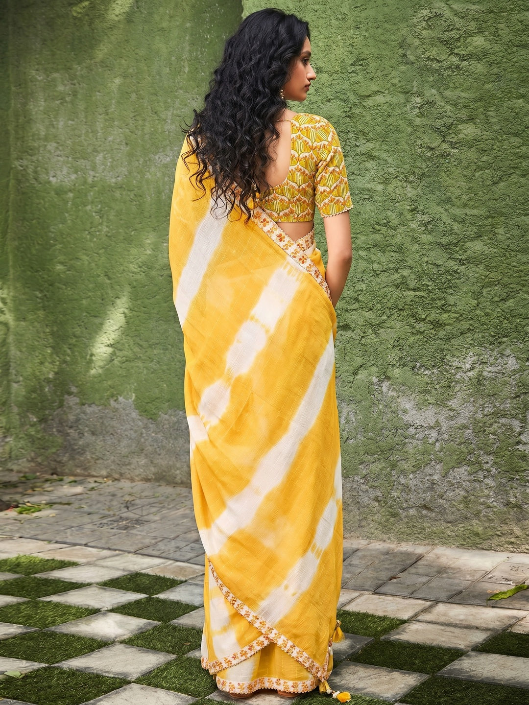 Yellow Printed With Gota Patti Border Georgette Saree - Image 2