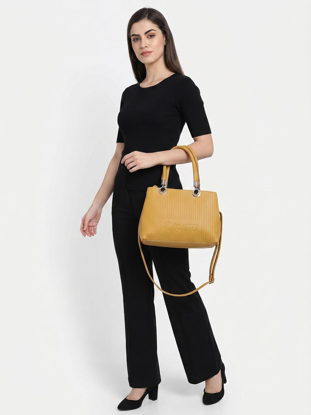 Mustard Women Vegan Leather Handbag With Belt - Image 1