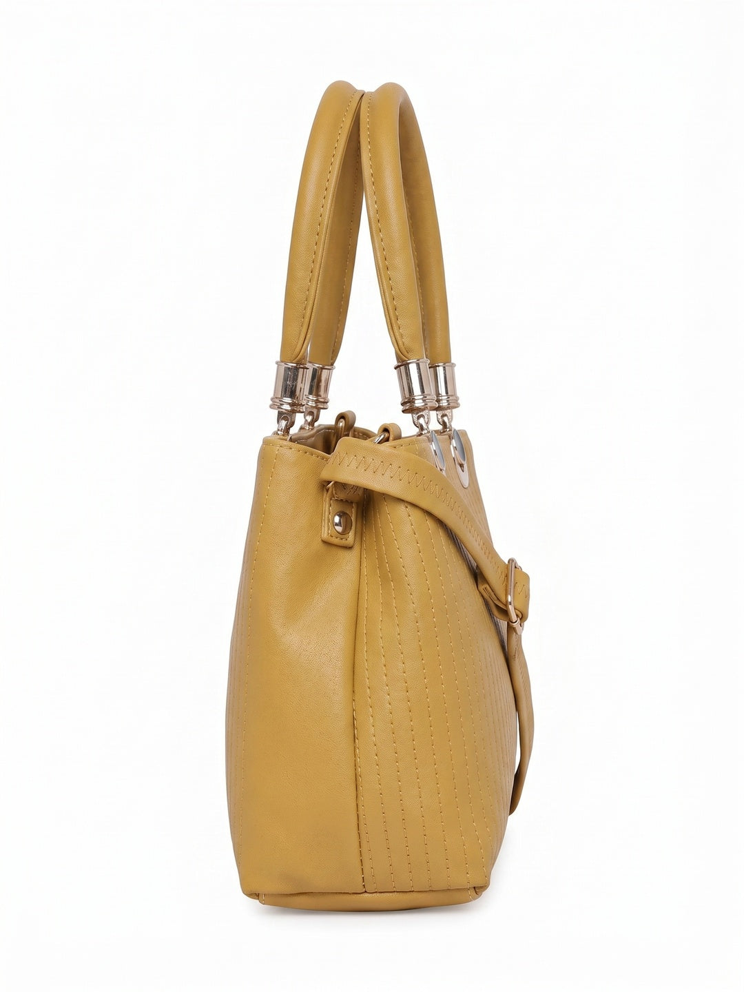 Mustard Women Vegan Leather Handbag With Belt - Image 3