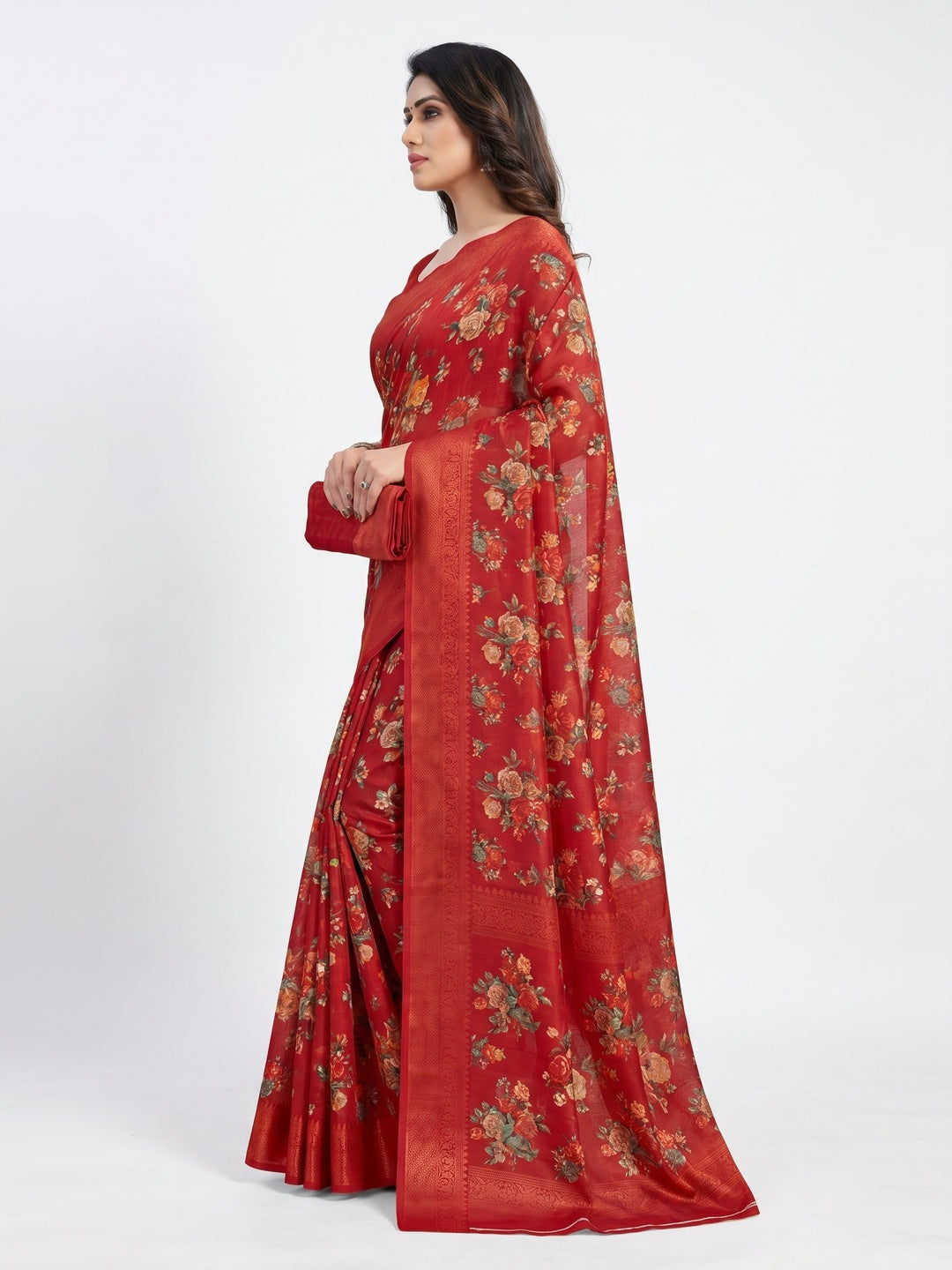 Red Digital Printed Cotton Silk Saree - Image 3