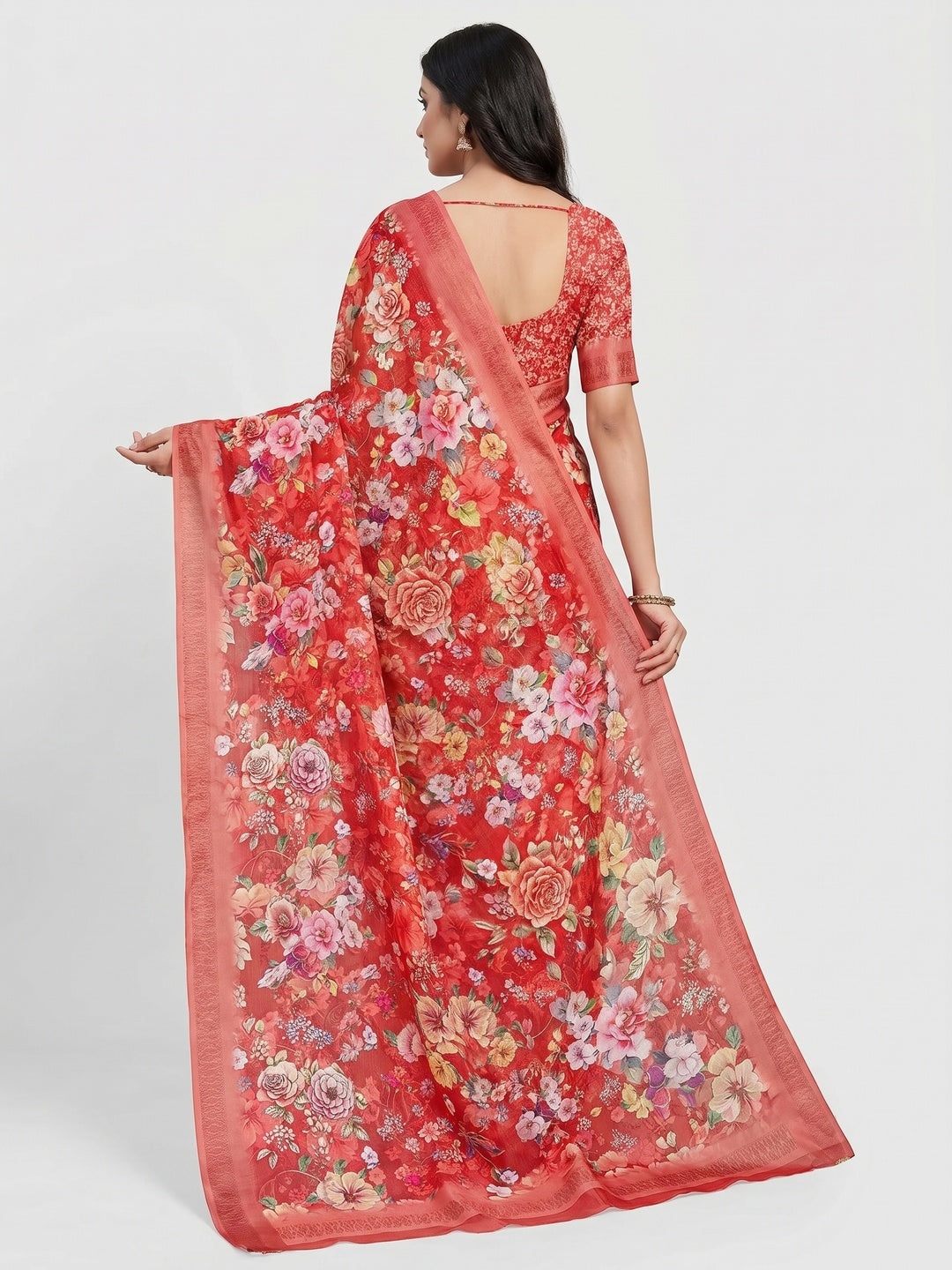 Red Digital Printed Cotton Silk Saree - Image 2
