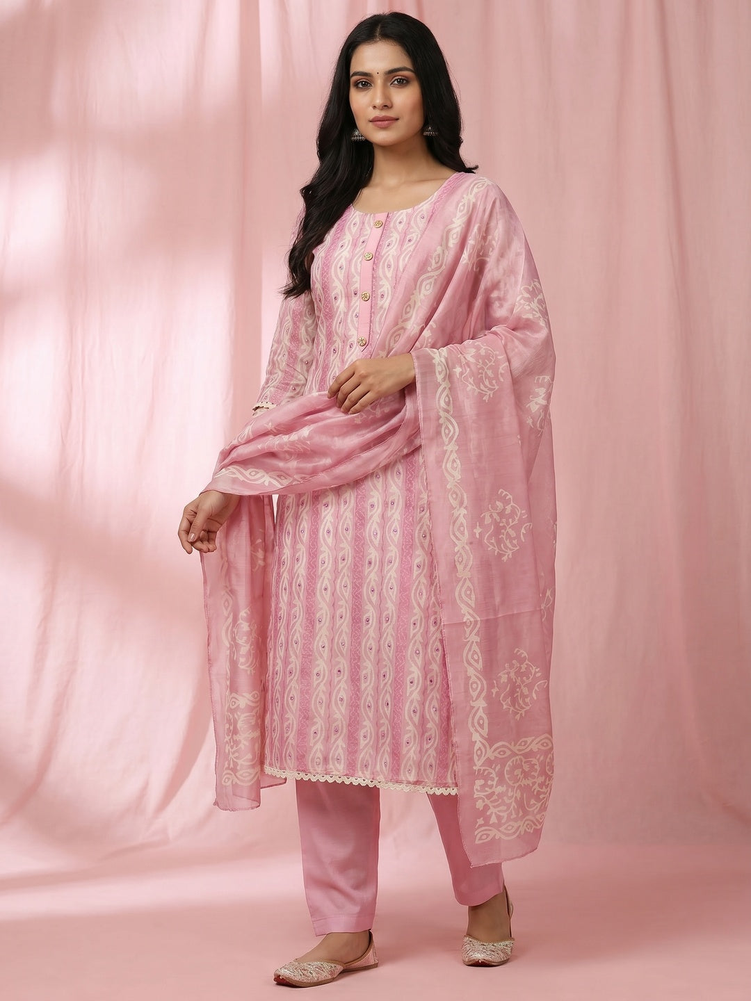 Pink Printed & Mirror Work Chanderi Dress Material - Image 1