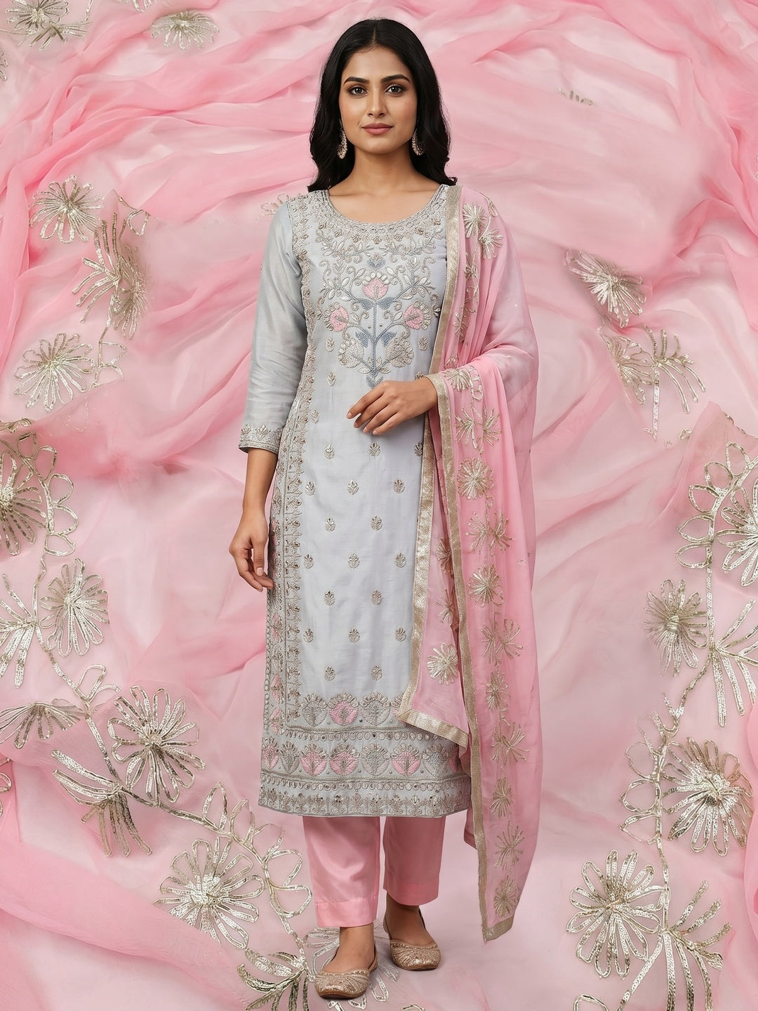 Grey Embellished Chanderi Dress Material - Image 1