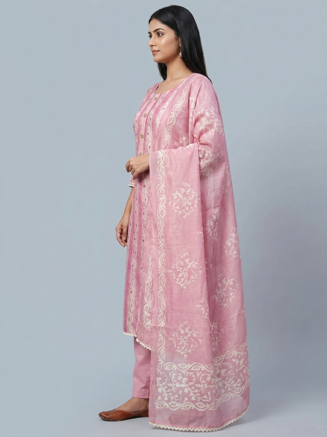 Pink Printed & Mirror Work Chanderi Dress Material - Image 3
