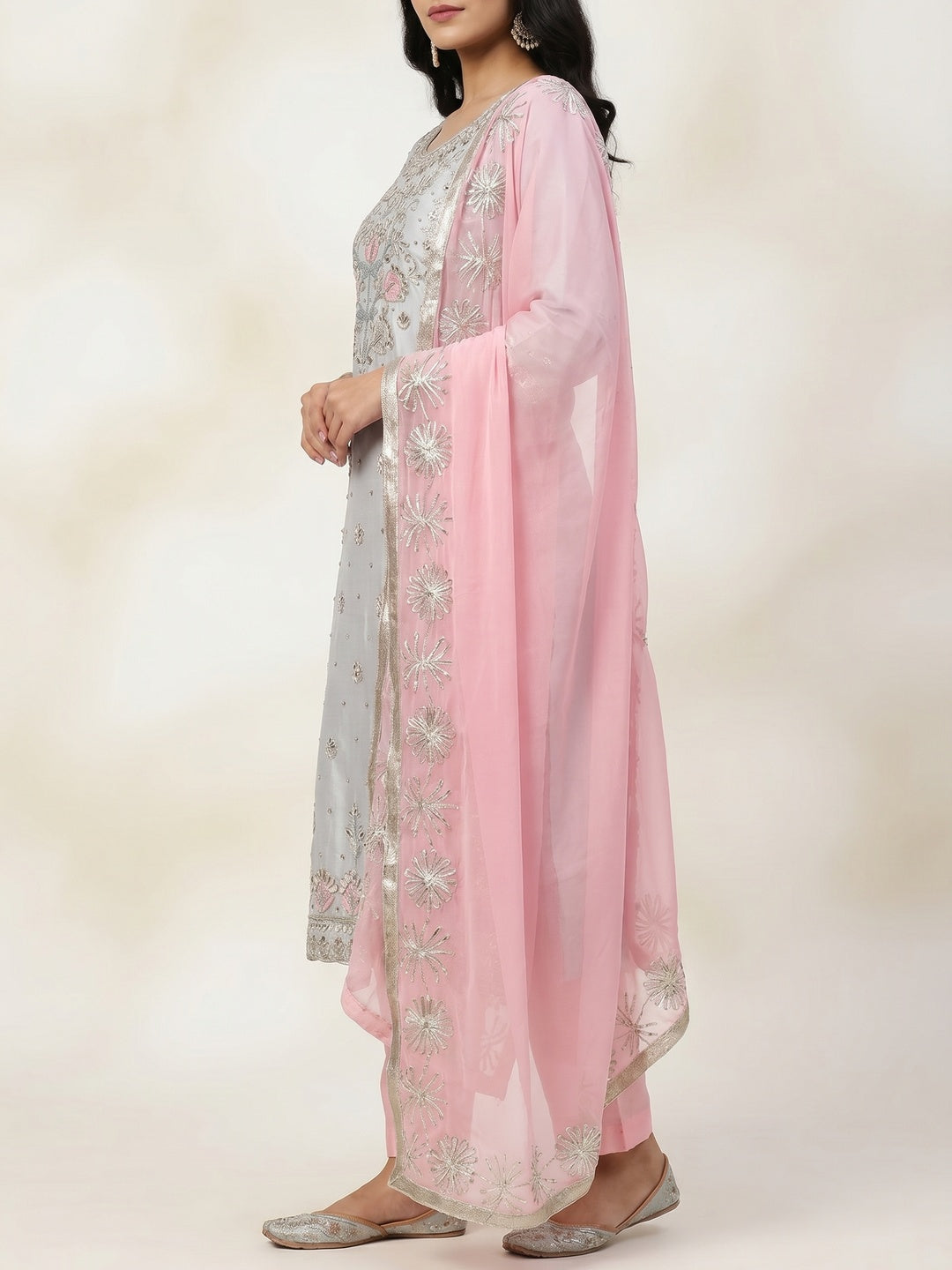 Grey Embellished Chanderi Dress Material - Image 3