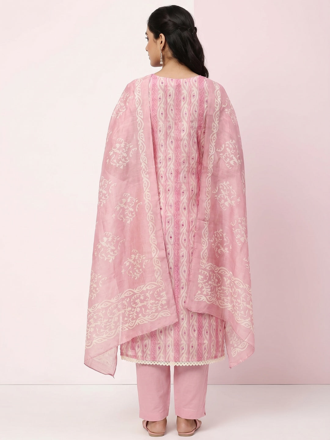 Pink Printed & Mirror Work Chanderi Dress Material - Image 2
