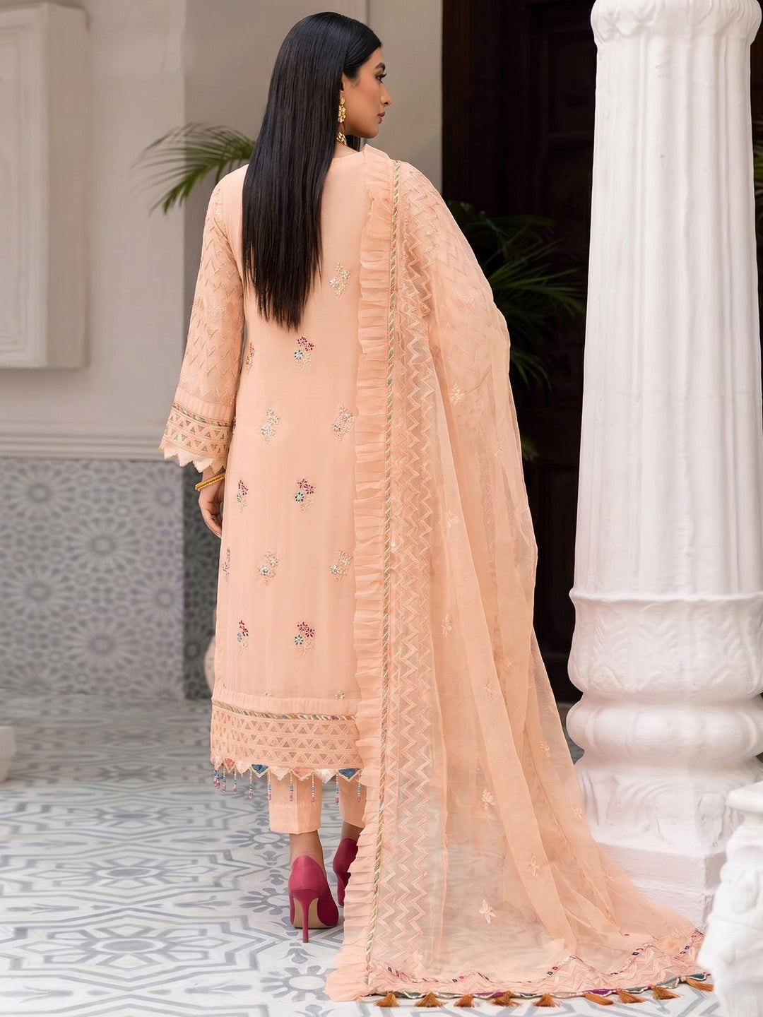 Peach Floral Sequins Embroidered Work Georgette Pakistani Suit - Image 1