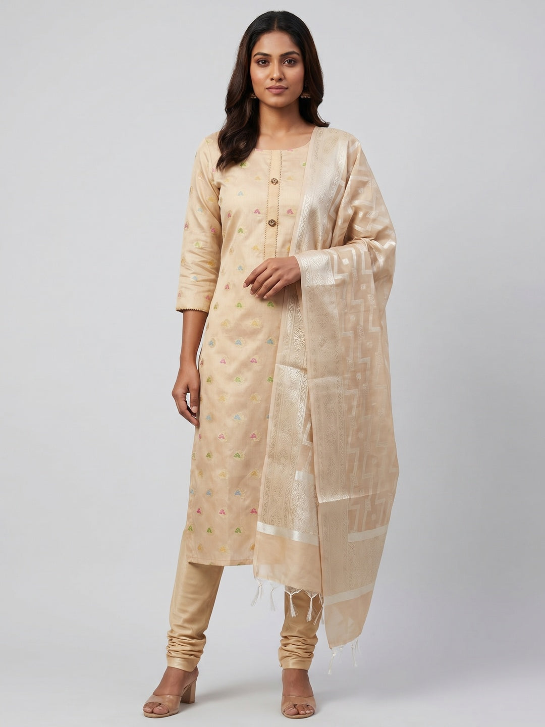 Beige Woven Banarasi Silk Dress Material - Image 1