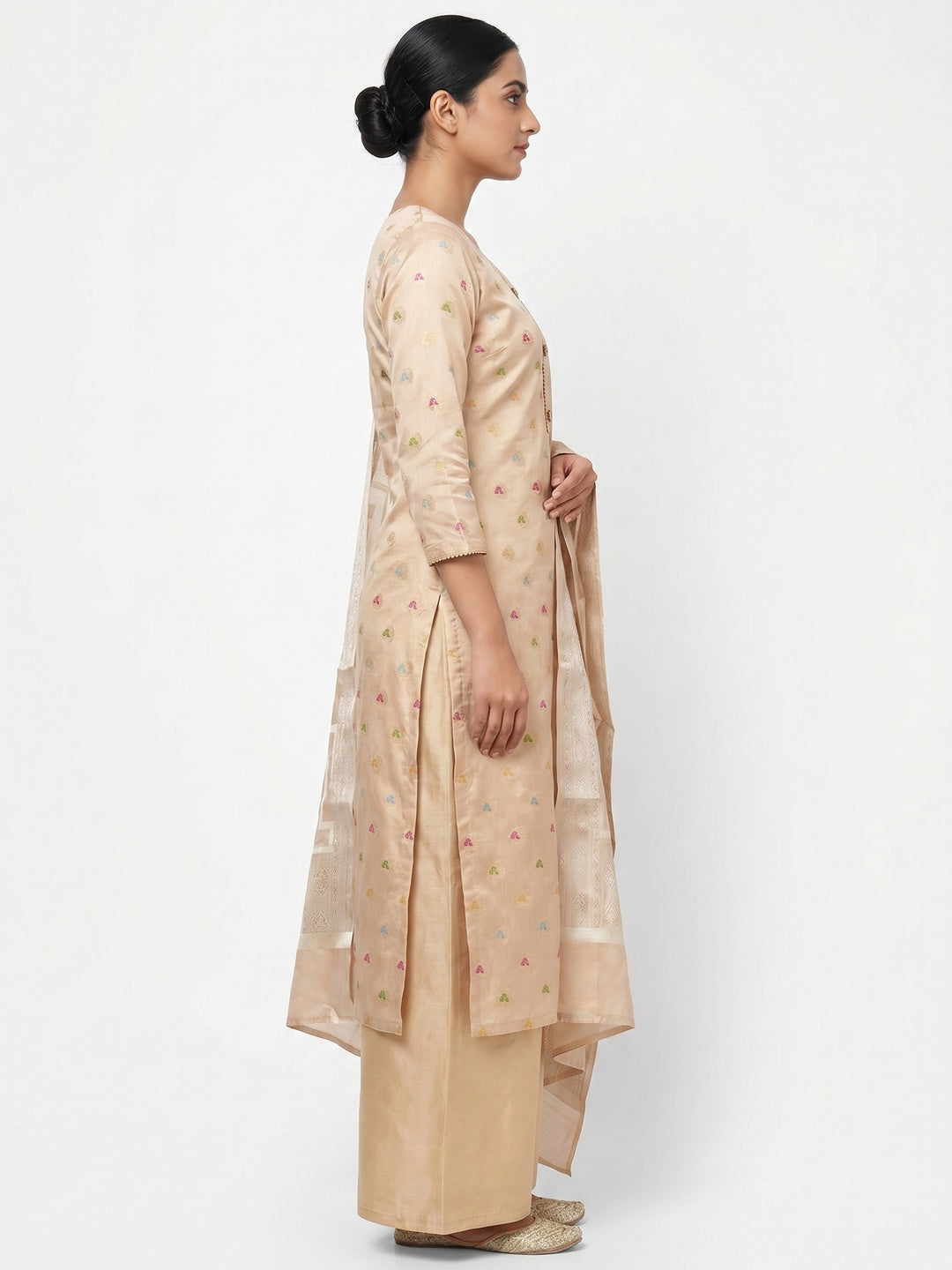 Beige Woven Banarasi Silk Dress Material - Image 3