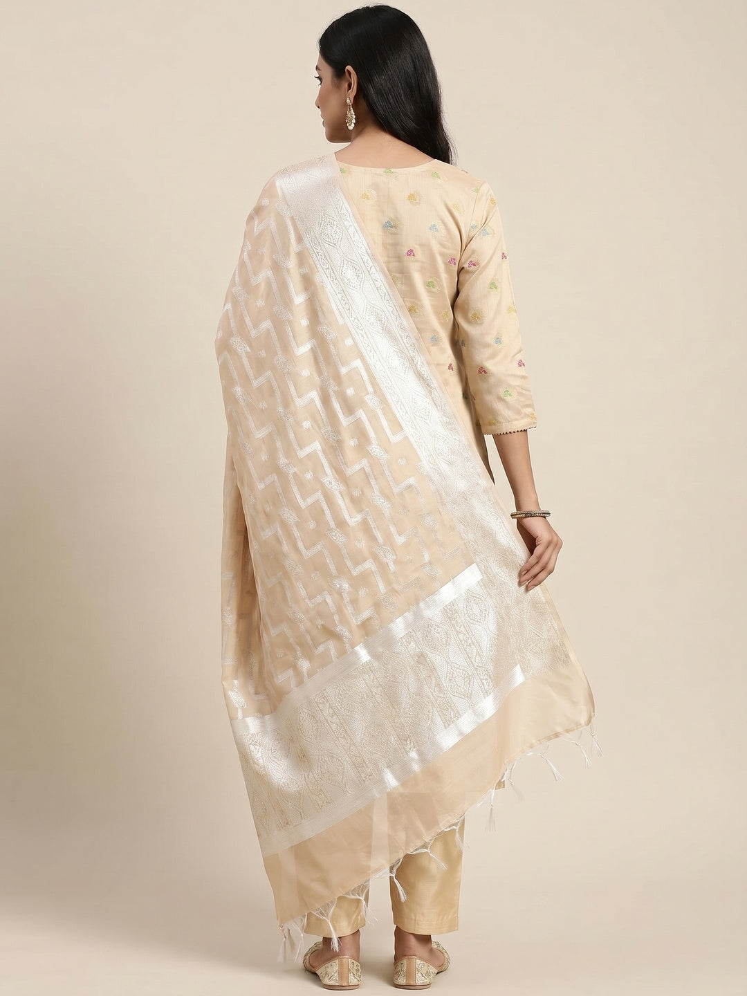 Beige Woven Banarasi Silk Dress Material - Image 2