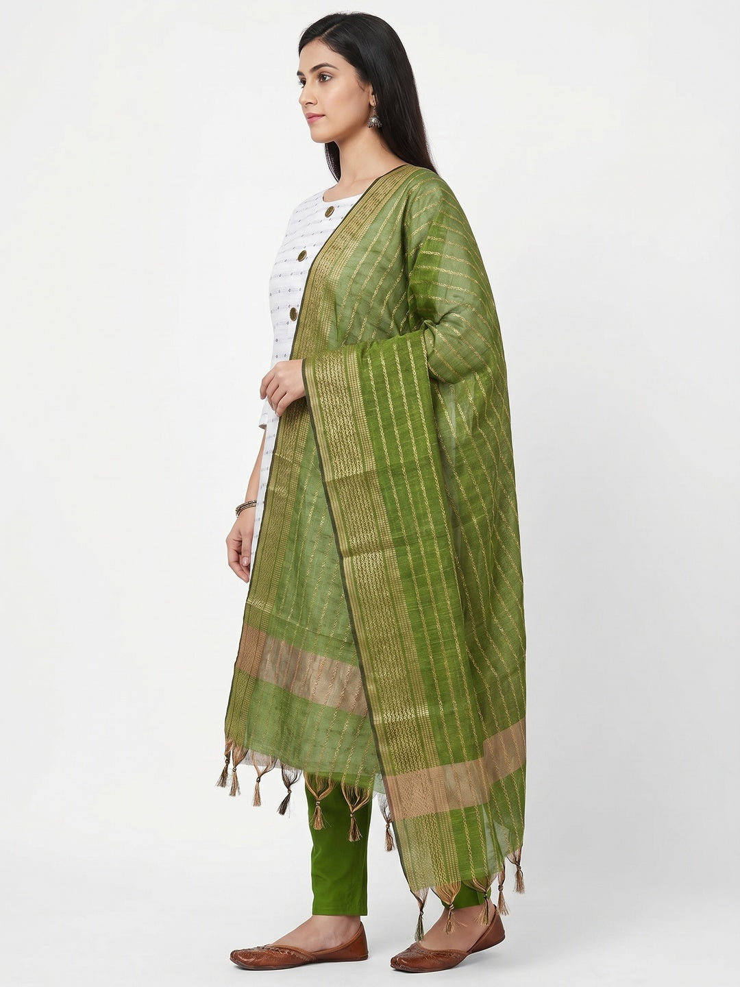 White-Green Woven Cotton Blend Dress Material - Image 2