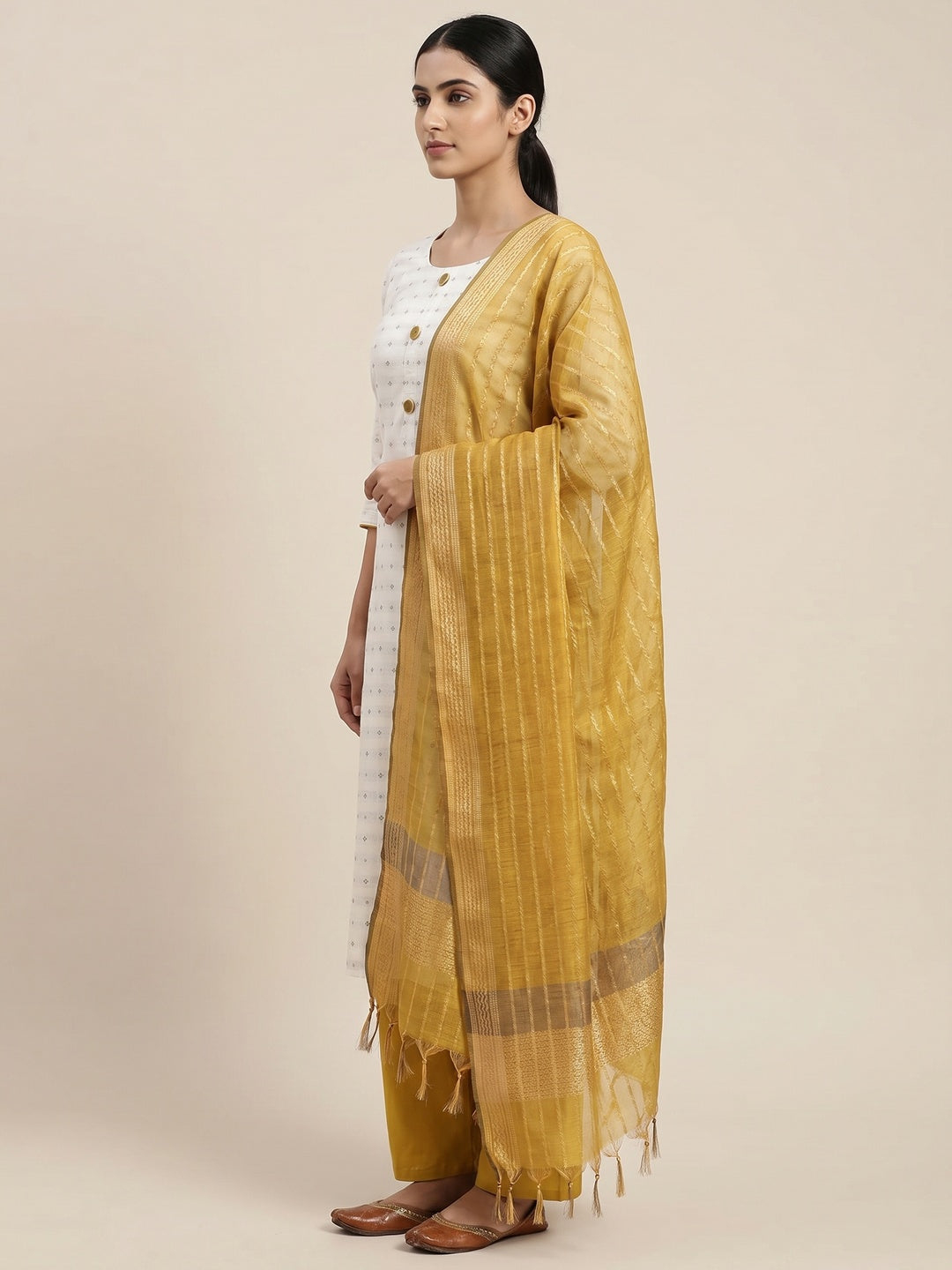 White-Mustard Woven Cotton Blend Dress Material - Image 3