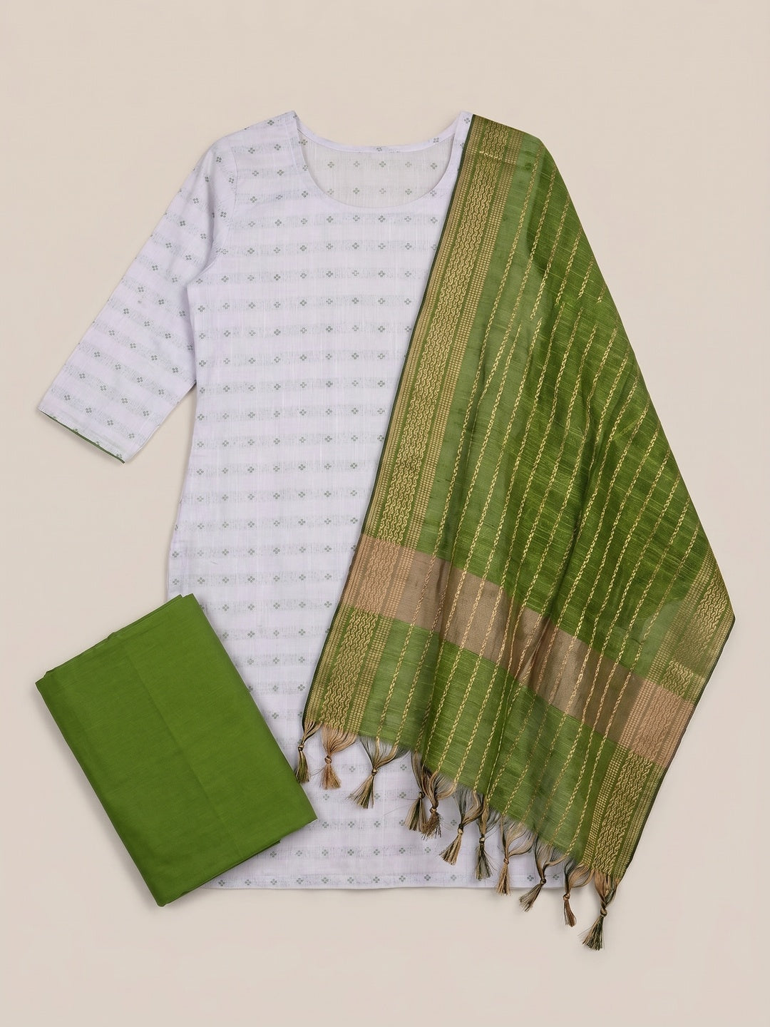 White-Green Woven Cotton Blend Dress Material - Image 1