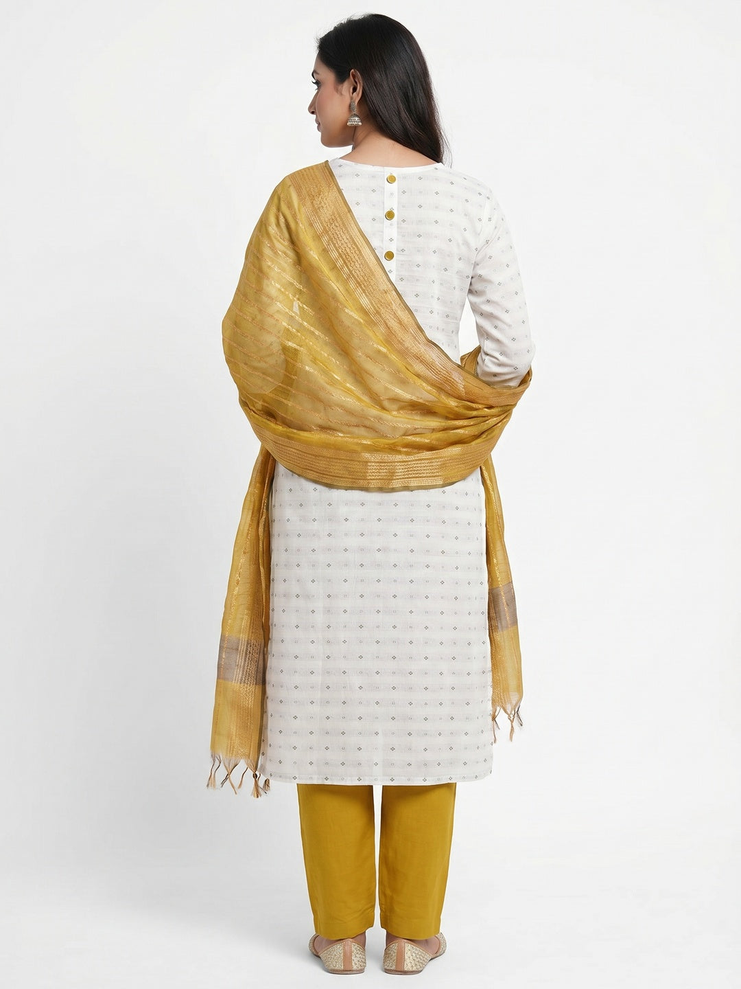 White-Mustard Woven Cotton Blend Dress Material - Image 2