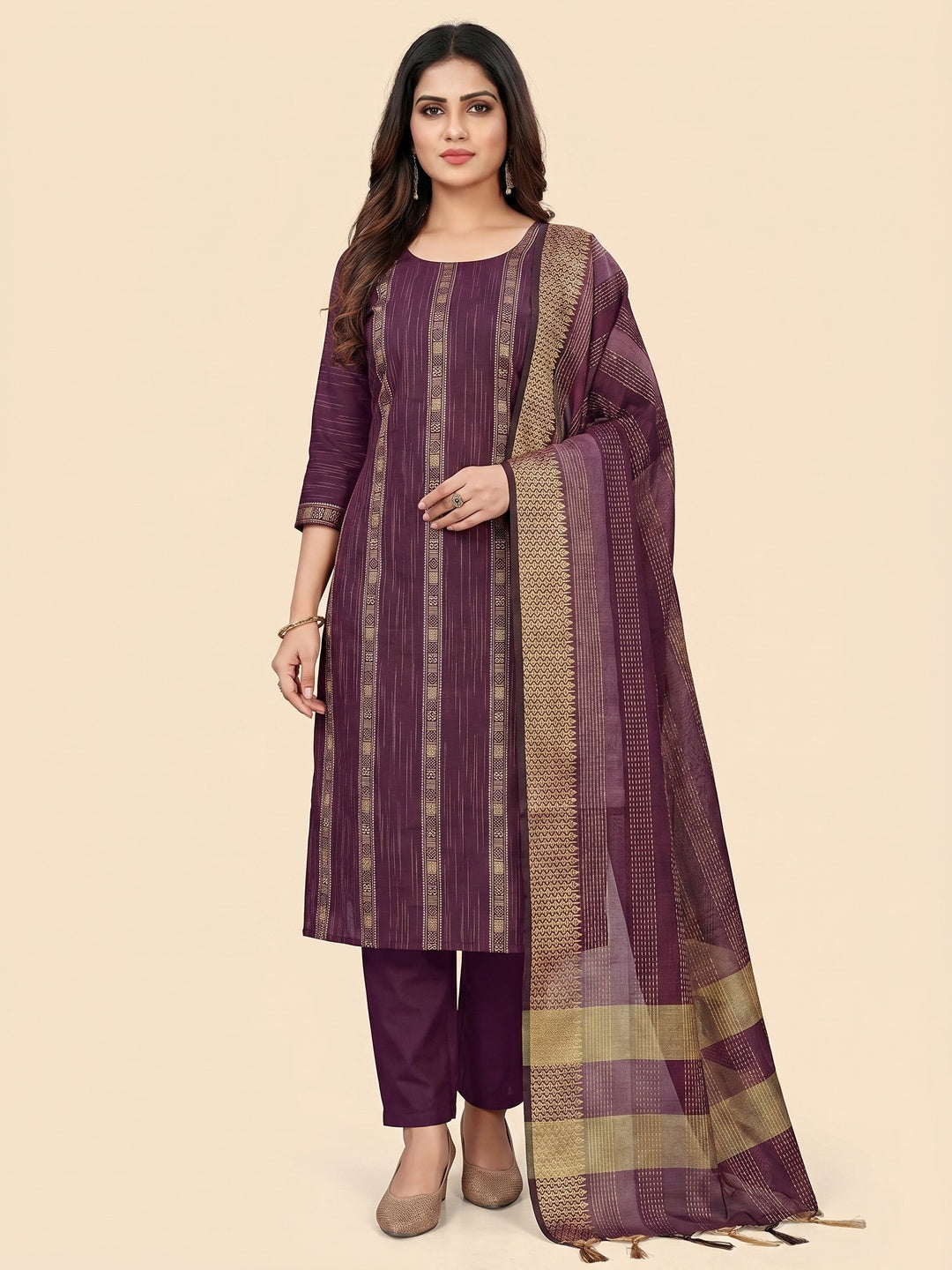 Purple Woven Cotton Blend Dress Material - Image 1