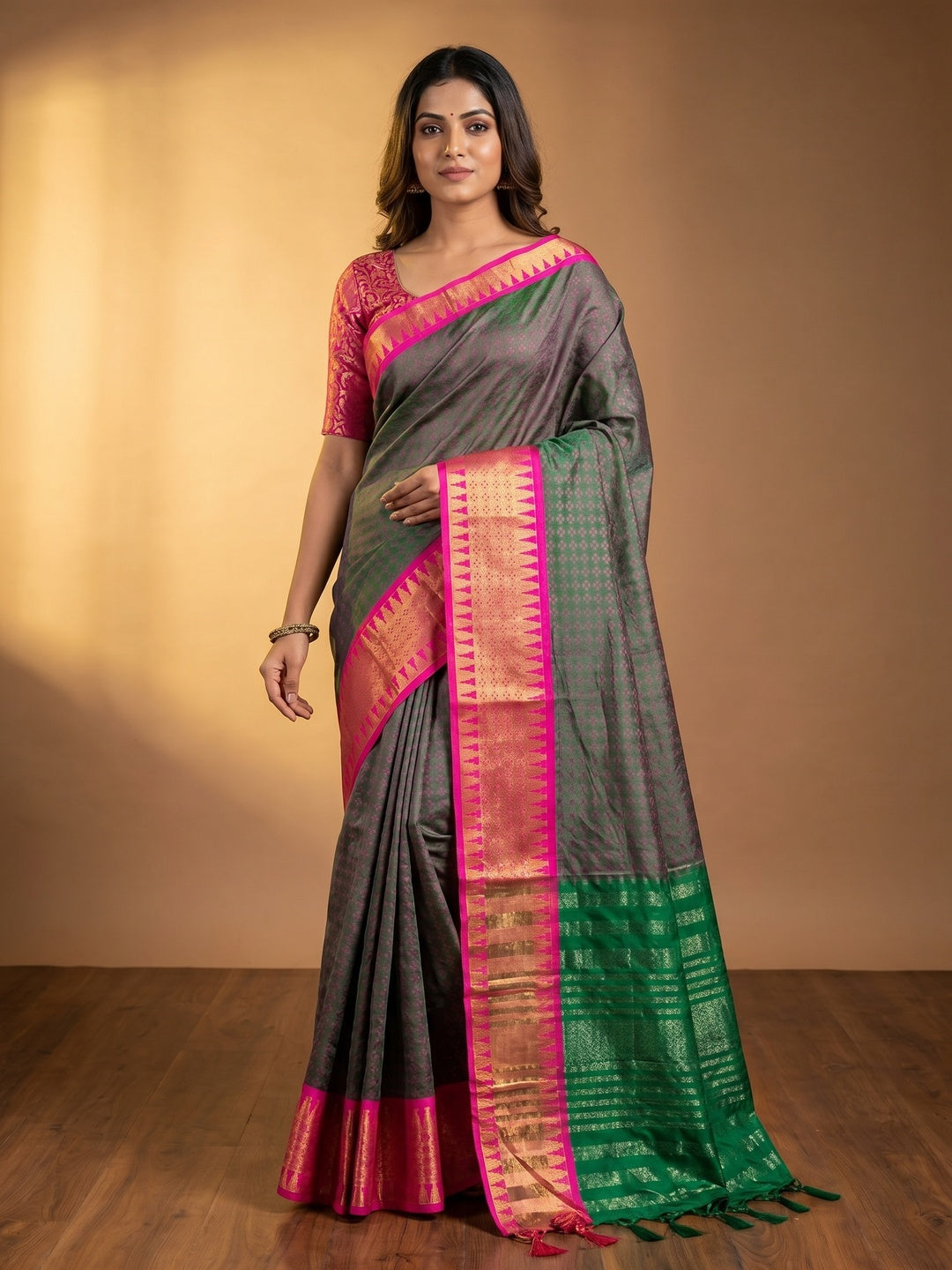 Green Woven Cotton Silk Saree With Tassels - Image 1