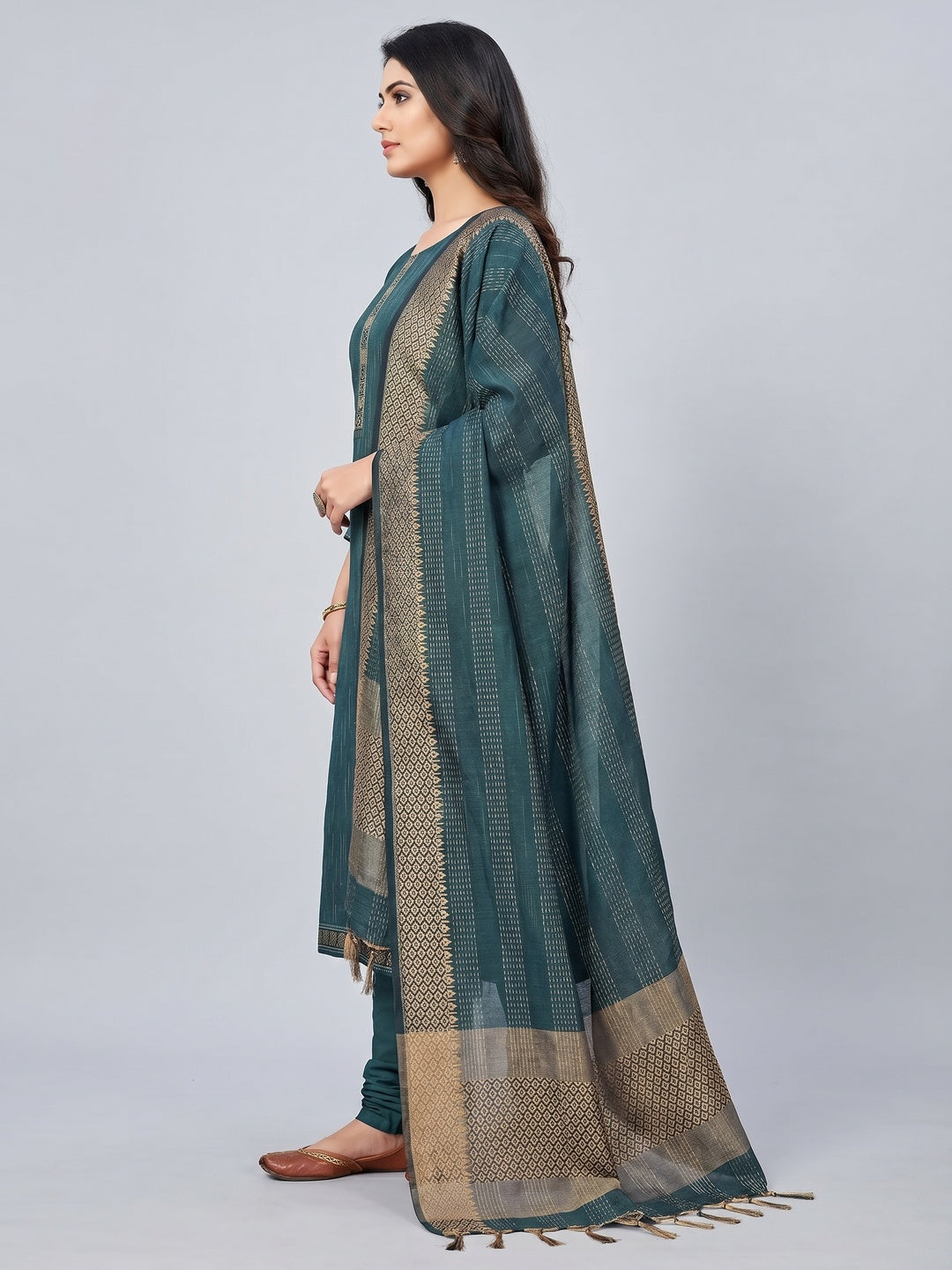 Teal Blue Woven Cotton Blend Dress Material - Image 3