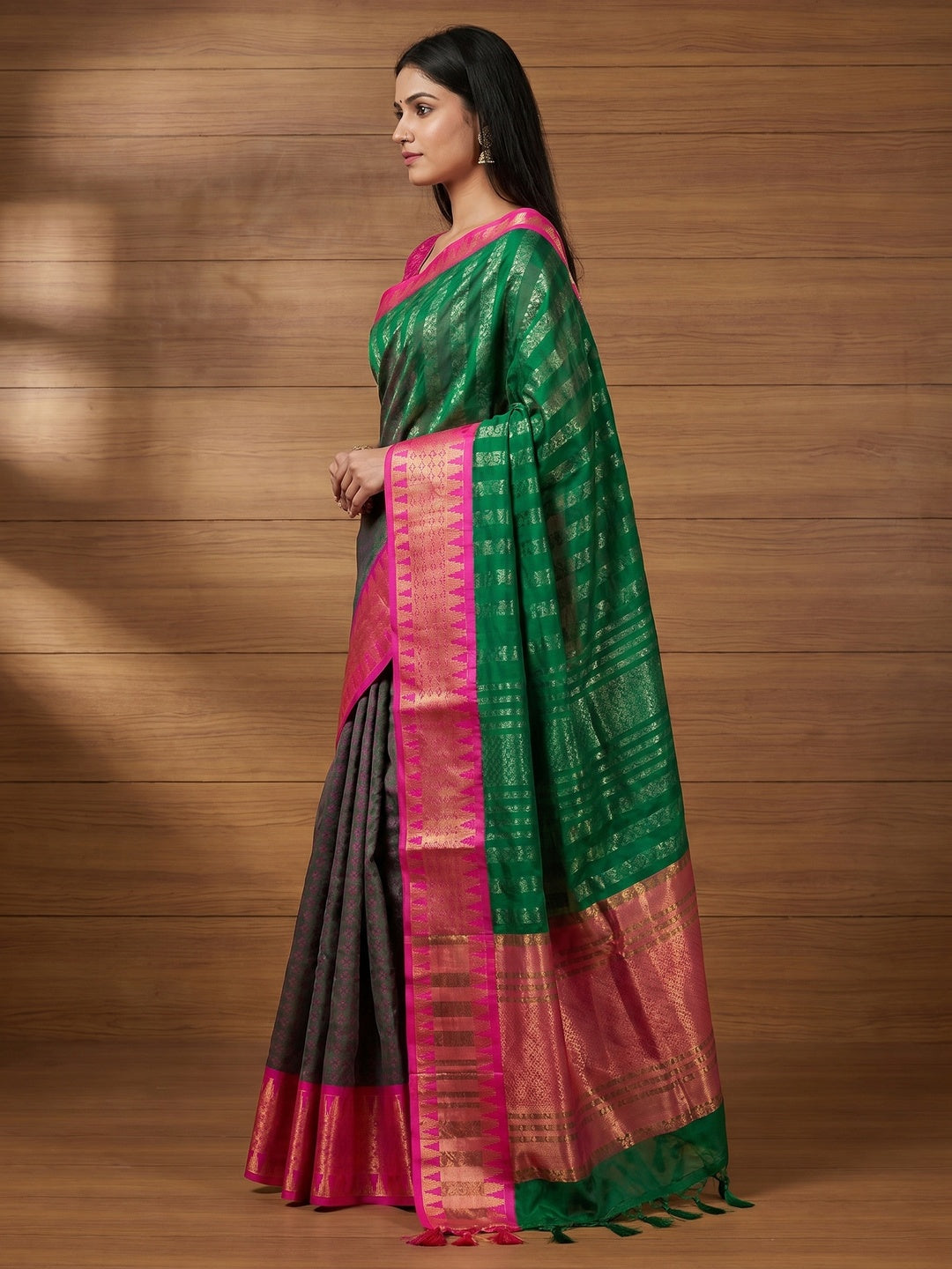 Green Woven Cotton Silk Saree With Tassels - Image 3