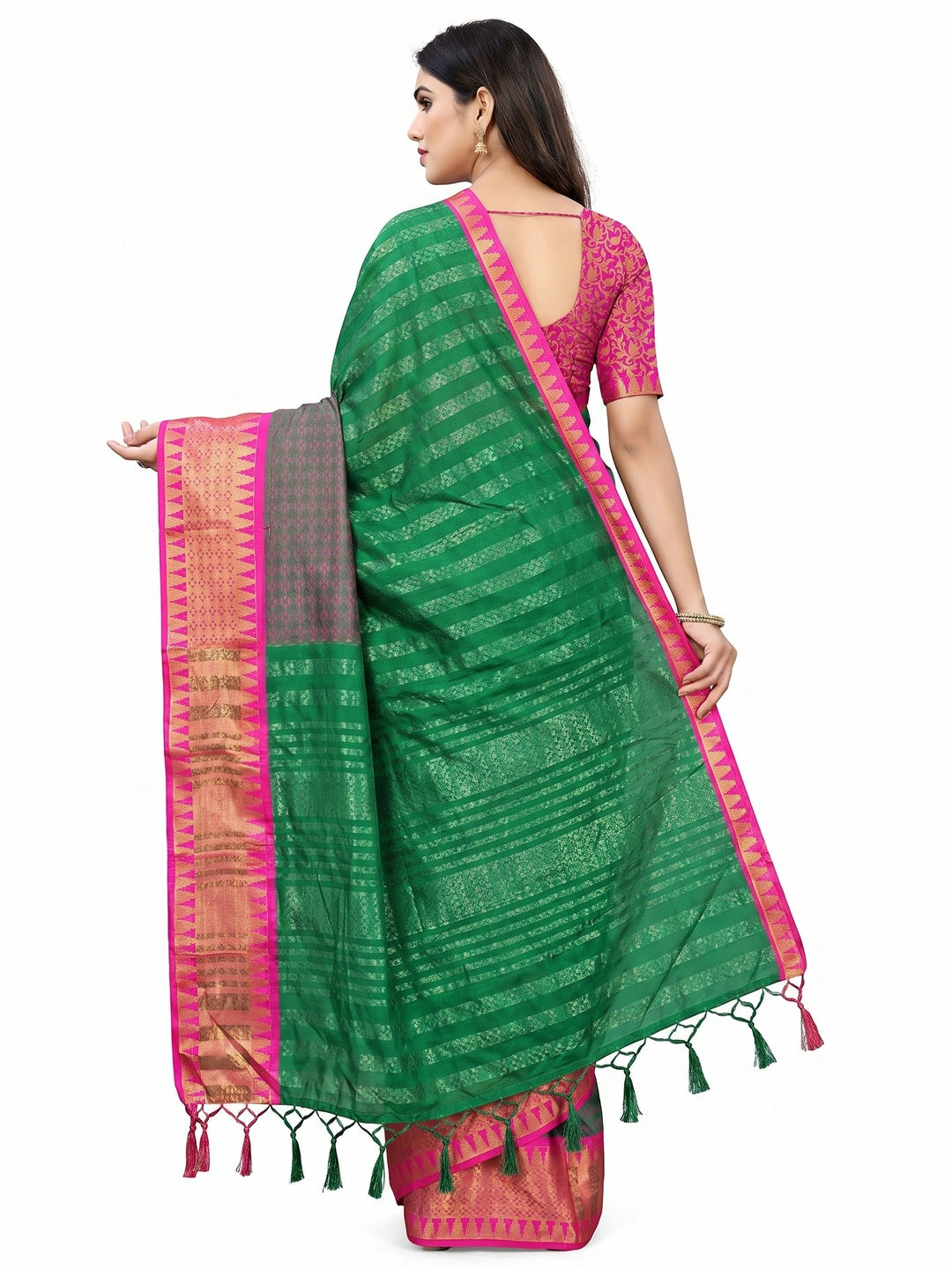 Green Woven Cotton Silk Saree With Tassels - Image 2