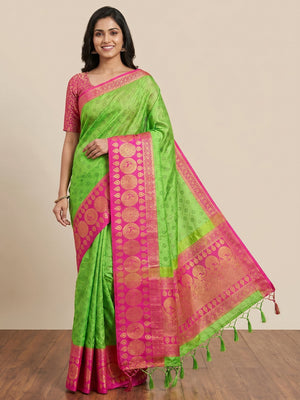 Parrot Green Woven Cotton Silk Saree With Tassels - Image 1