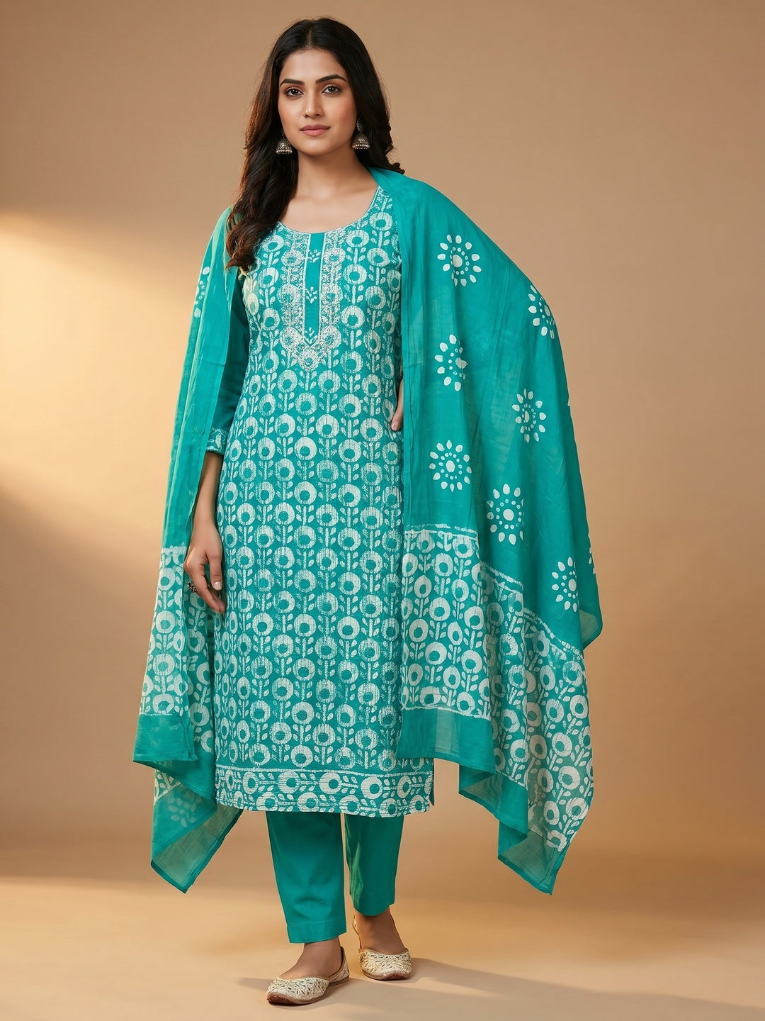Turquoise Printed & Embroidered Pure Cotton Dress Material - Image 1